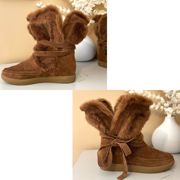 NWT Report Signature Lucinda Suede/Faux Fur Tan Tie Booties Size 6 - Picture 8 of 13